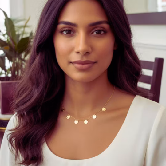 model wearing 18K Gold Disc Necklace the discs are hammered gold