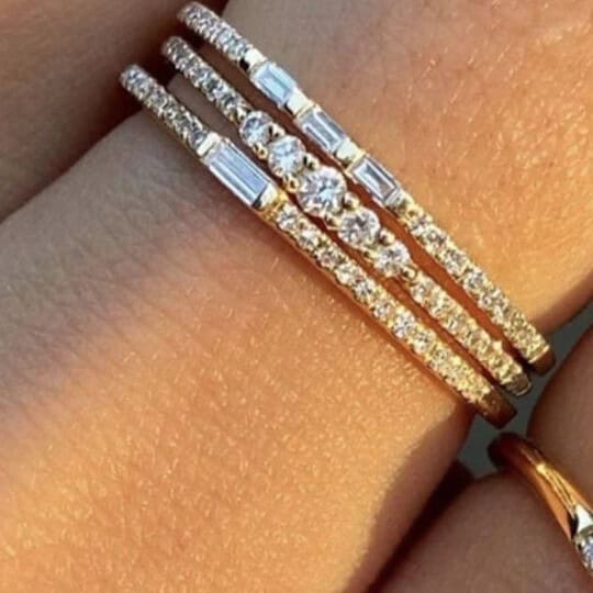 Elegant diamond stackable rings with sparkling gemstones, perfect for women's jewellery collections.