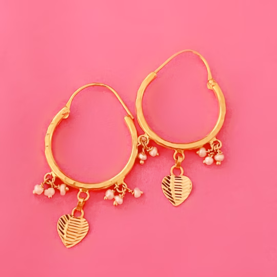 Gold Hoop earrings with natural pearls from Bahrain and one love heart charm