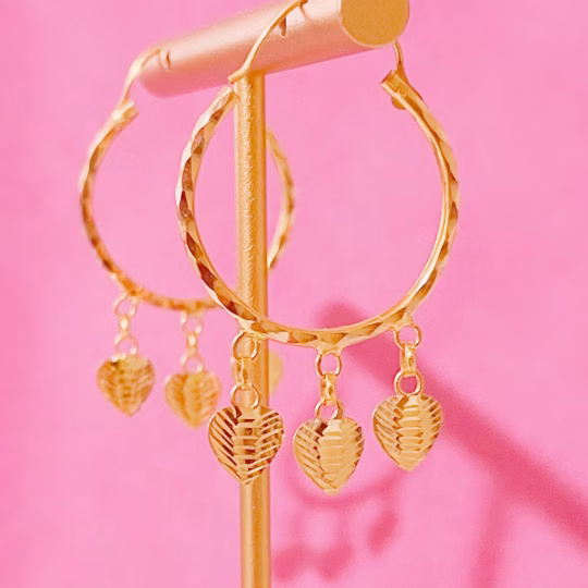 Gold Hoop Earrings with Love Heart Charms