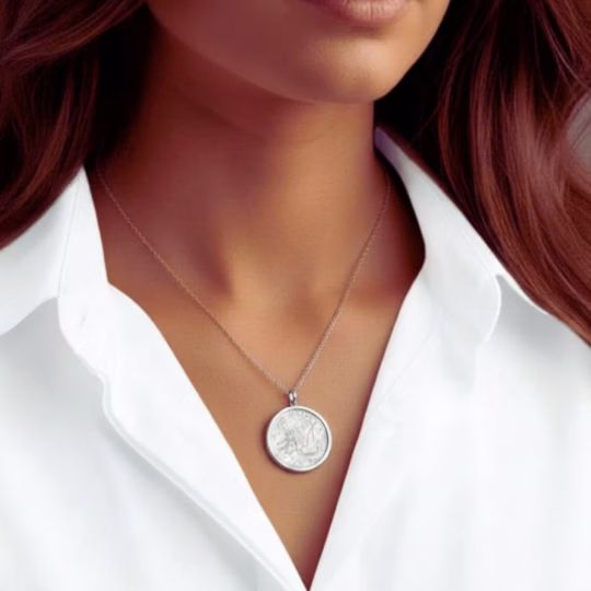 A model is wearing a custom made pendant, the pendant has Arabic Calligraphy which has been personalized. The pendant is made from both sterling silver and mother of pearl.