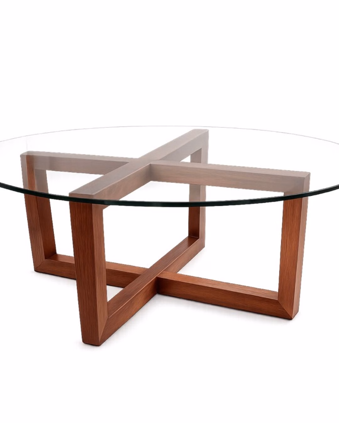 Elegant coffee table with glass top and wooden interlocking legs