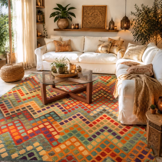Afghani Kilim handmade rug in living boho style